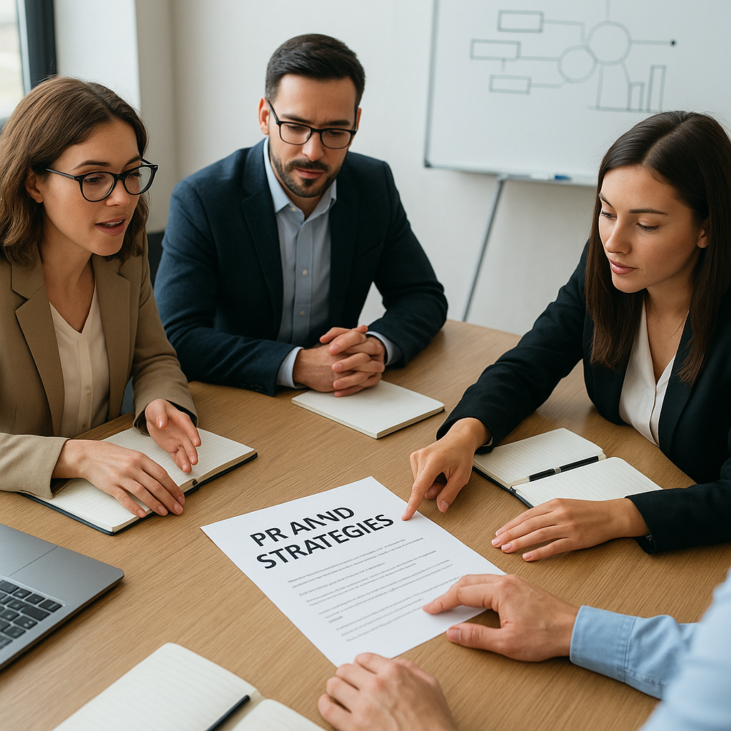 A business meeting with marketing professionals discussing plans, with one marked document on PR and SEO strategies.