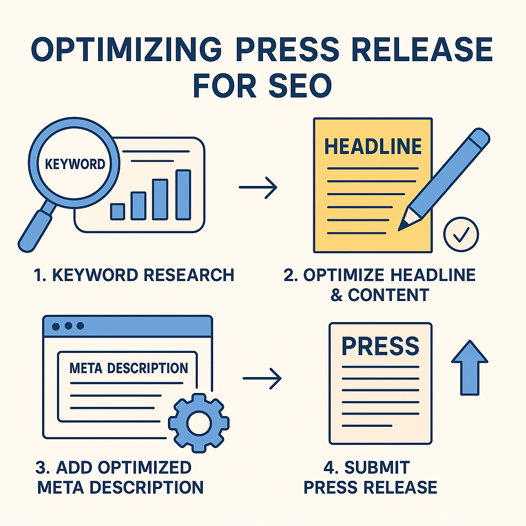 An illustrated infographic showing the process of optimizing a press release for SEO benefits.